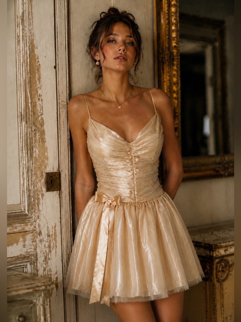Jessica McClintock Gunne Sax Gold Glitter Ruched Sweetheart Neck Mini Dress